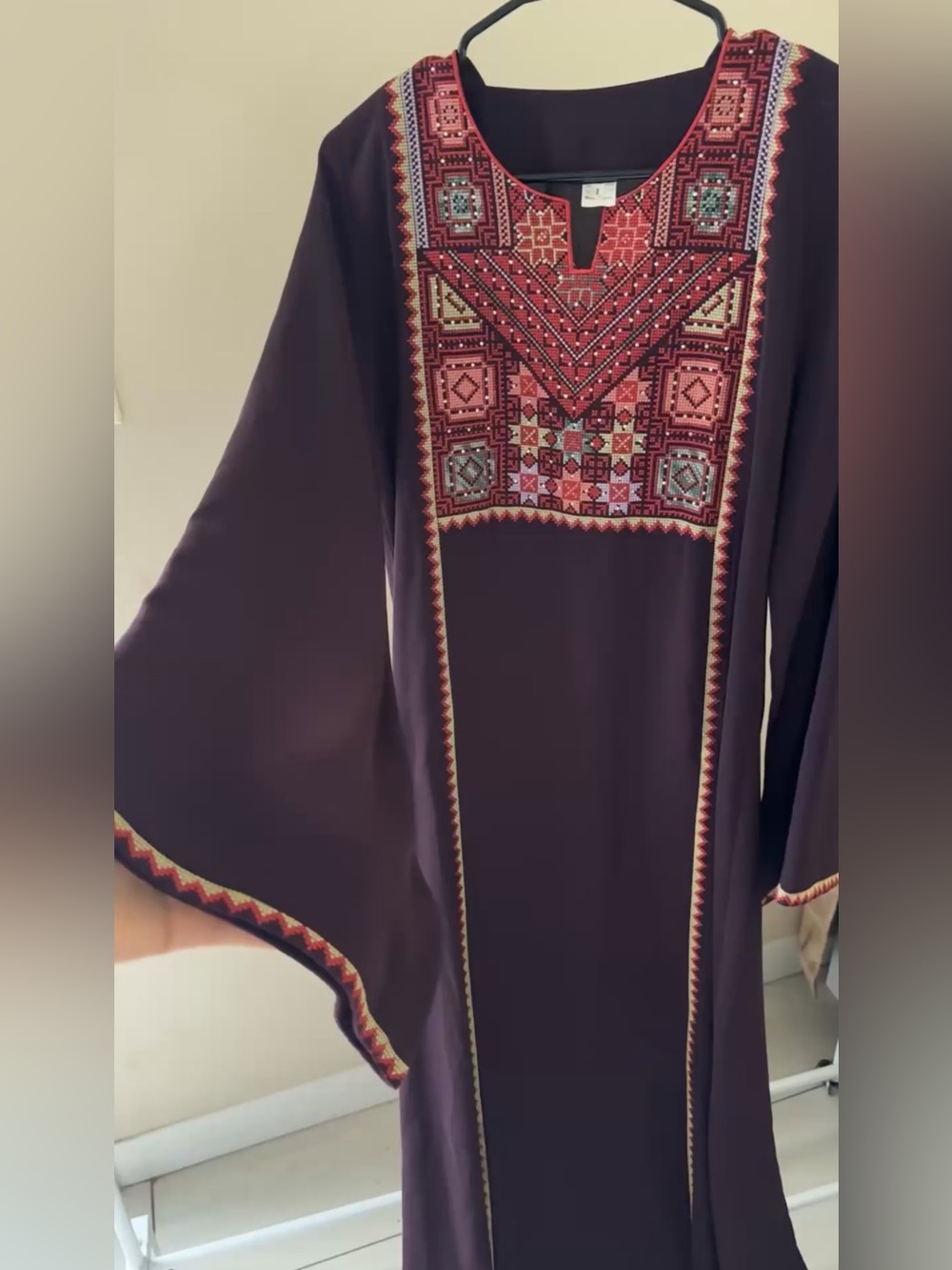 Embroidered Purple Caftan Dress with Red Geometric Panel
